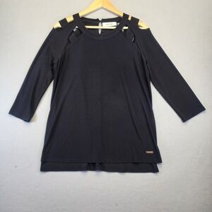 Jones Studio Black Cold Shoulder Top Cage Neck 3/4 Sleeve Blouse Professional L